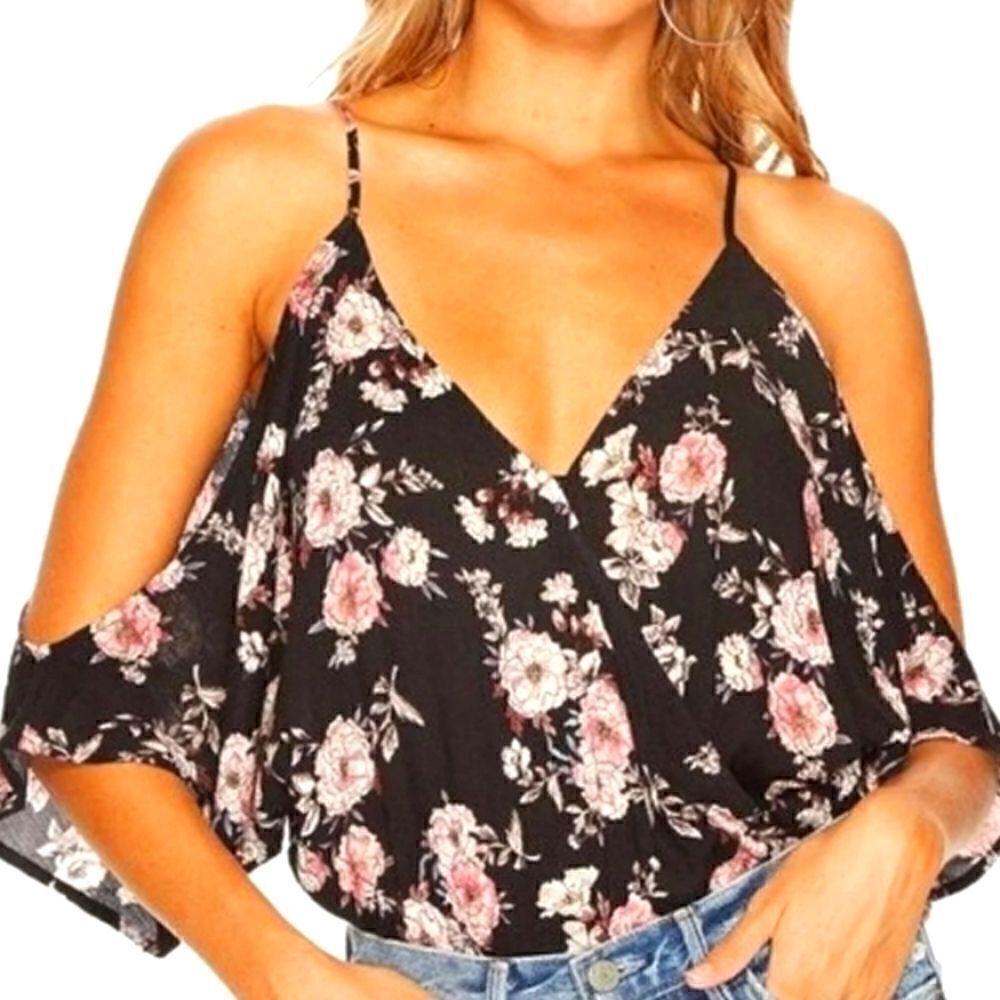 ASTR Floral Open Back Tie Cutout Bodysuit Women's Small